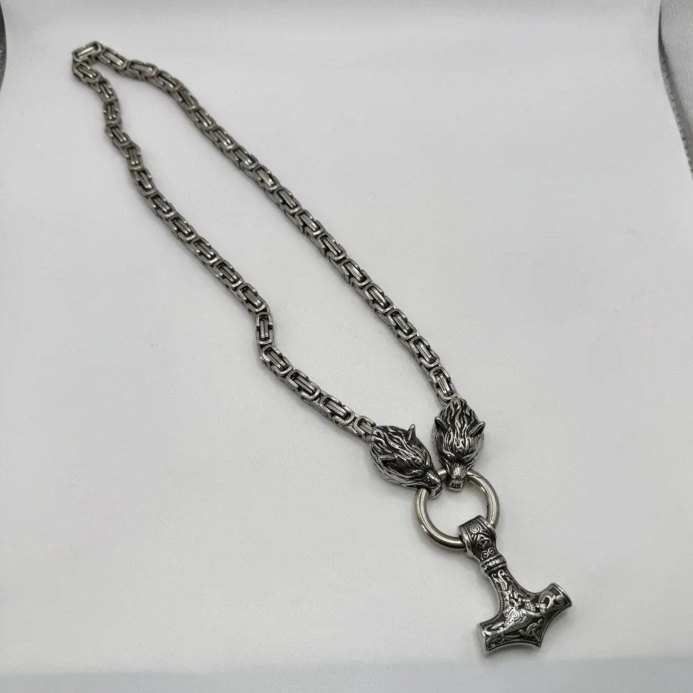 Viking Wolf Heads Mjolnir Thor Hammer Pendant Necklace Silver Tone Chain Mens‎